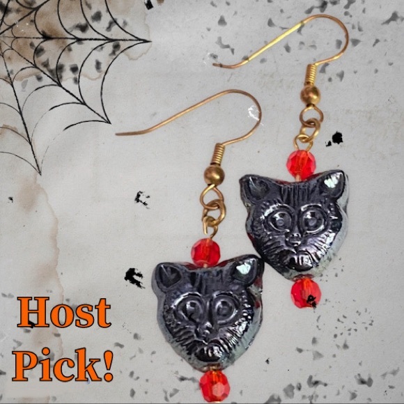 Hand Crafted Black Cat Dangle Earrings Steel Gray Kitty Kitten Halloween - Picture 2 of 6